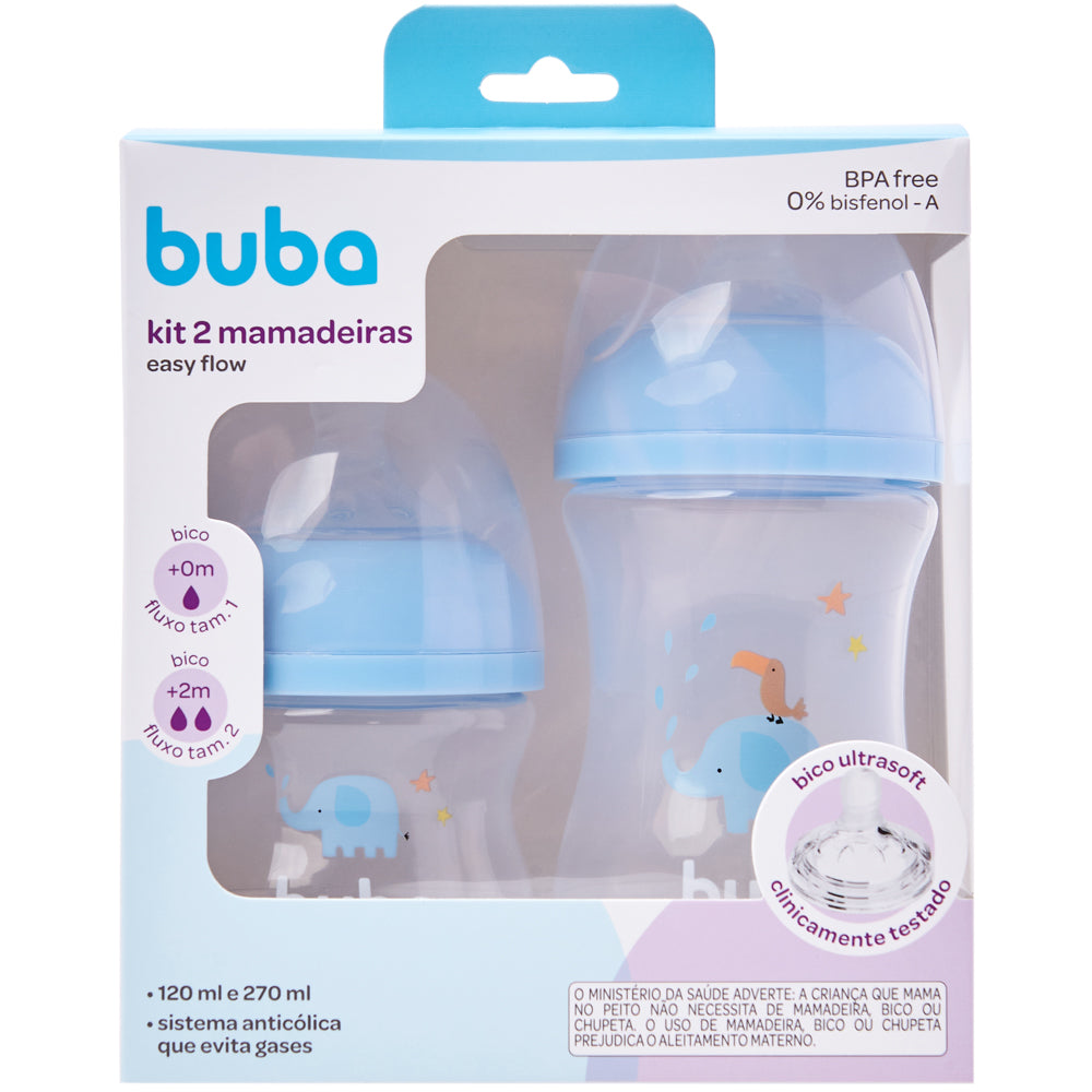 Kit 2 Mamadeiras Easy Flow Elefante Azul, 120ml/270ml, Anticolica - Buba