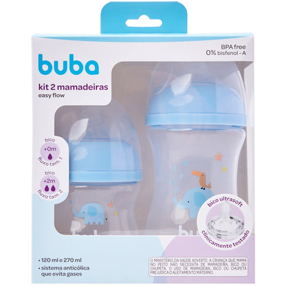 Kit 2 Mamadeiras Easy Flow Elefante Azul, 120ml/270ml, Anticolica - Buba