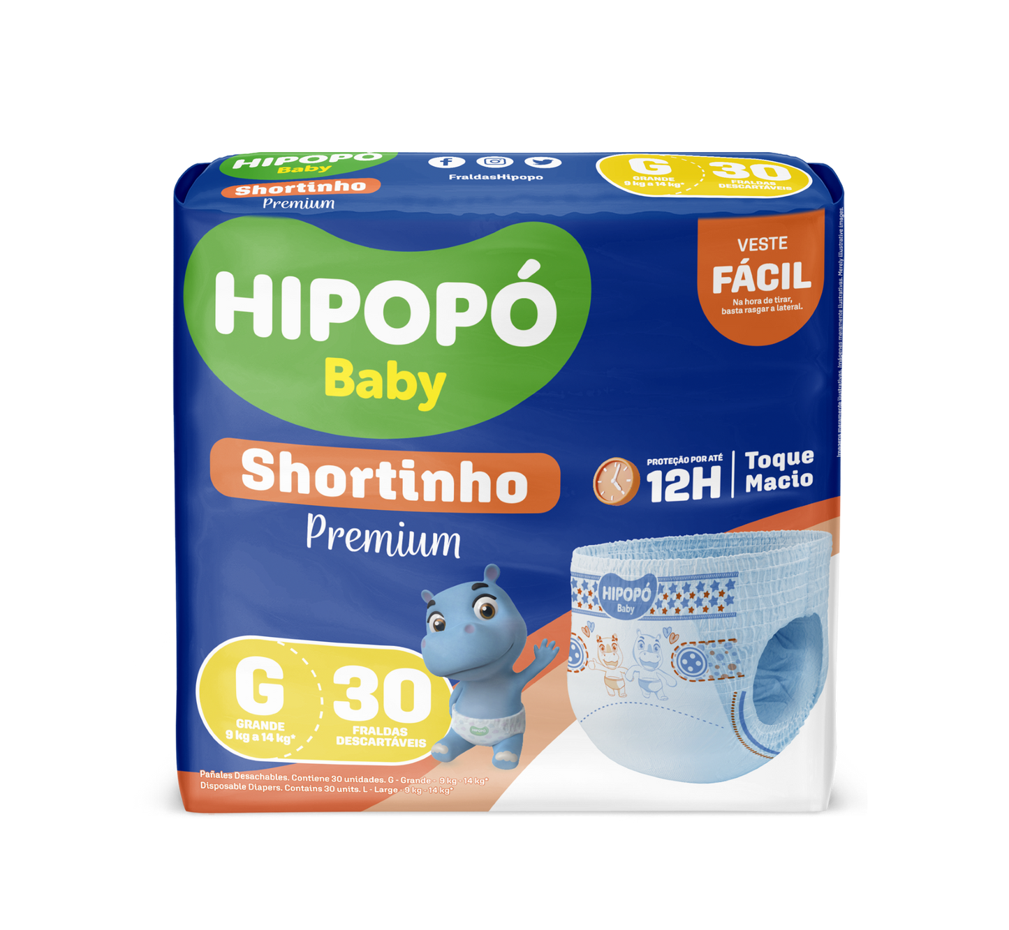 Fralda G Hipopo Baby Shortinho Jumbo com 30 unidades