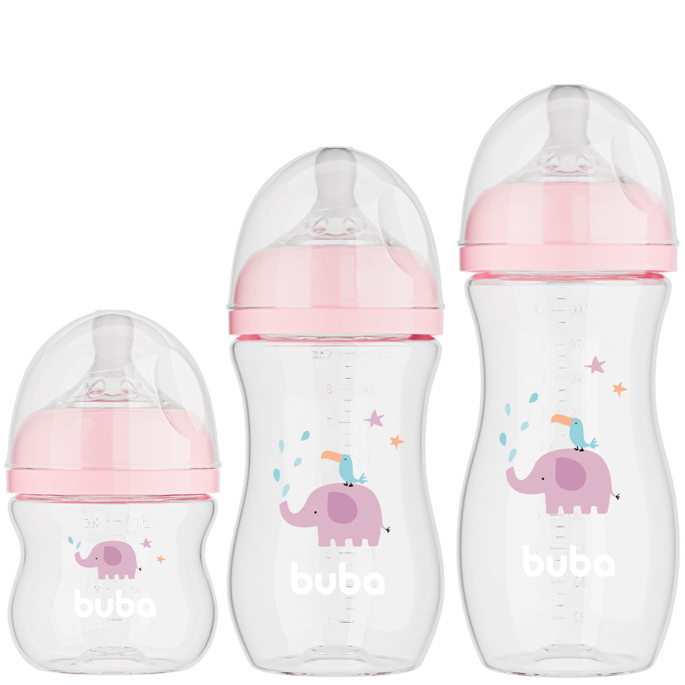 Kit 3 Mamadeiras Easy Flow Elefante Rosa, 120ml/270ml/330ml, Anticolica - Buba